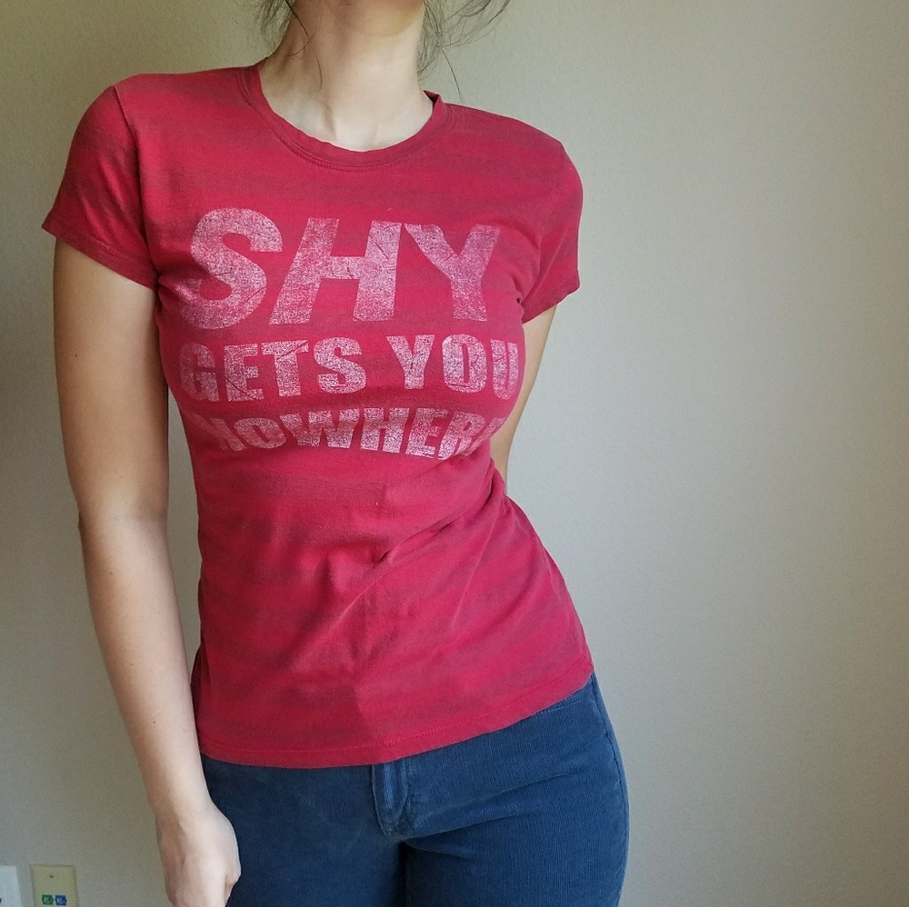 "Shy Gets You Nowhere" Red Striped Graphic Tee